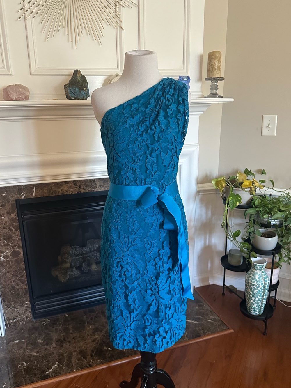 Tadashi Shoji Teal One-Shoulder Lace Sheath Dress with Bow